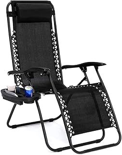 Aspect Zero Gravity Chair, Outdoor Garden Sunloungers, Sturdy Textoline, Reclining Garden Chairs with Cup Holder and Pillow Headrest - Black
