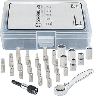 SHARDEN 28pcs 1/4 Ratchet Set Right Angle Screwdriver Mini Socket Set, 72 Tooth Small Ratchet Wrench Offset Ratchet Screwdriver, 1/4 Socket and Bit Set - Torx, Phillips, Flat Head, Pozidrive, Hex
