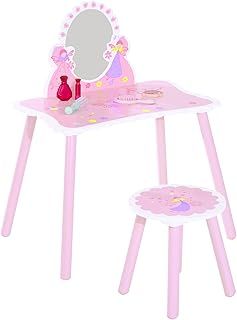 HOMCOM Kids Dressing Table Girls Pink Wooden Kids Dressing Table & Stool Make Up Desk Chair Toys Fairy Dresser Play Set w/Mirror