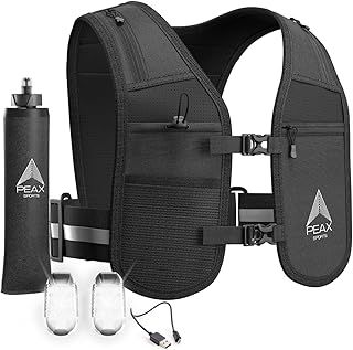 Reflective Running Vest Women & Mens - with a 300ml Collapsible Water Bottle soft flask & 2 Rechargeable Running Lights for Runners - A Lightweight & adjustable Hydration Vest & Waterproof phone pouch