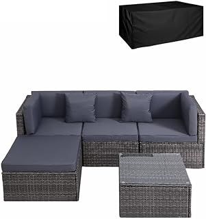 Panana Rattan Garden Furniture Set 4 Seater Wicker Patio Lounge Sofas Chairs Coffee Table Cushions Sectional Modular Combination for Outdoor Backyard Poolside (Mixed Grey Wicker with Grey Cushions)