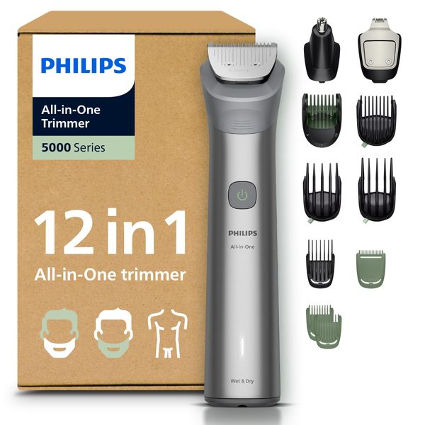 Philips Multigroom 5000 Series All-in-One 12-Piece Trimmer - Shaver and Clipper for Beard, Nose, Hair, and Body, Self-Sharpening Full Metal Blades, 20 Length Settings (0.5-20 mm), Model MG5952/30