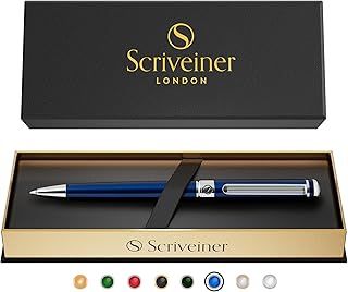 Scriveiner Midnight Blue Ballpoint Pen - Stunning Blue Lacquer Luxury Pen, Chrome Finish, Schmidt Black Refill, Best Ball Pen Gift Set for Men & Women, Professional Executive Office, Nice Designer Pen