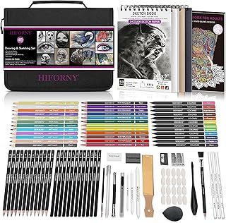 HIFORNY 100 PCS Drawing & Sketching Set, Professional Art Supplies with Graphite,Charcoal, Colored,Watercolor,Metallic Pencils,Blending Tools,Sketchbook and Coloring Book in Zipper Case (Black)