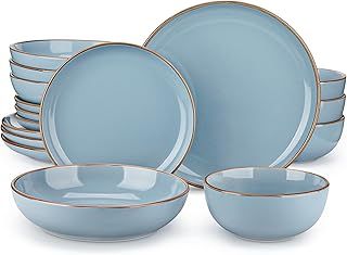 vancasso Nymph Blue Dinner Set - 16-Piece Color Glaze Crockery with 10.5in Dinner Plate, 8in Salad Plate, 1340ml Pasta Bowl and 800ml Cereal Bowl