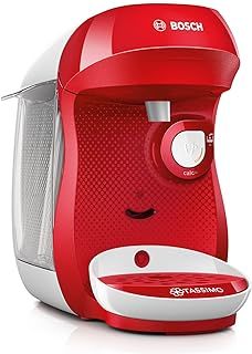 Bosch Tassimo Happy TAS1006 Coffee Machine by, 70 Drinks, Fully Automatic, Suitable for All Cups, Space-Saving, White/Wine Red, 1400 Watt, 0.7 L