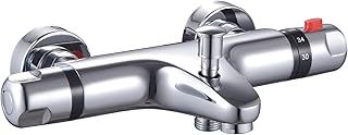 KINGBATH™ Round Thermostatic Exposed Bath Shower Mixer Tap Faucet with Shower Kit for Bathrooms Chromed Deck Mounted with G1/2" Bottom Outlet 38°C Safety Lock Anti Scald Solid Brass Modern Easy to Ins