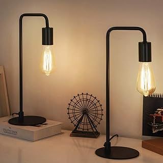 HAITRAL Industrial Table Lamps, Vintage Nightstand Lamps Set of 2, Circular Base Metal Body Bedside Lamps for Bedroom, Living Room, Office - Black