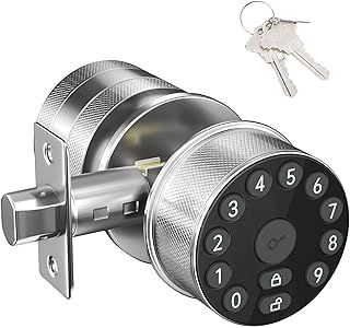FITNATE Keypad Door Knob Lock, Electronic Door Handle with Keypad and Key, Automatic Locking, User Managed, 100 Codes, for Office, Warehouse, Bedroom, Garage, Silver