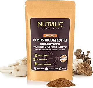 NUTRILIC 10 Mushroom Coffee (40 Servings)- Instant Arabica with Micro Ground Coffee blend with Lions Mane, Chaga, Cordyceps, Reishi, Maitake, Shiitake, Black Fungus, Tremella, Ginseng Extract