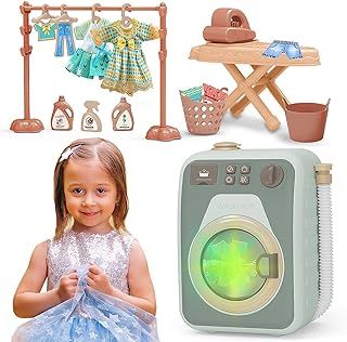 Kids Pretend Play Washing Machine 20PCS Laundry Toys Set Battery Operated Toy Set with Sound, Light and Real Function Spinning