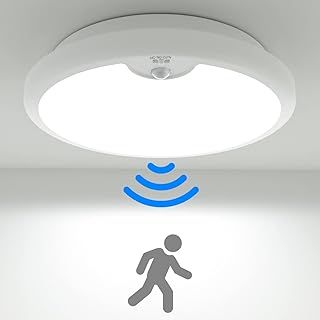 Peasur Motion Sensor LED Ceiling Light Battery Operated, 6000K 300LM Battery Wall Lights Indoor, Ø18cm White Bath Ceiling Lights, Wireless Light for Loft,Garage,Shed,Porch,Attic