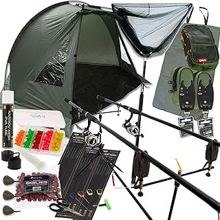 DNA Complete Carp Fishing Set up with Shelter Bivvy Rods Reels Alarms Net & Tackle