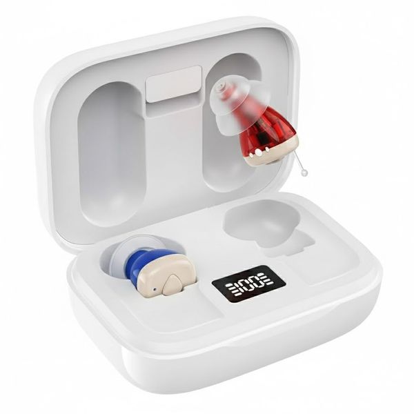 Invisible Digital Hearing Amplifier with Noise Reduction – 110H Charging Case, 16H Use/Charge, Ultra-Compact, Smart Auto-On, All-Day Comfort, Sound Enhancer for Seniors & Adults (White)