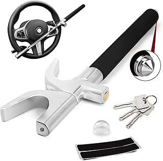 Steering Wheel Lock, lootaan Universal Car Lock Anti-Theft Device for Cars Vans Trucks Heavy Duty Steering Lock with 3 Keys and Safety Hammer Function for Car Security, Silver
