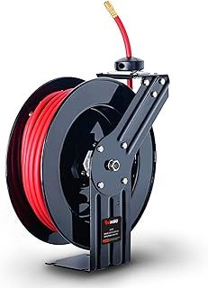 ReelWorks Air Hose Reel Retractable 3/8" Inch x 50' Feet Hybrid Polymer Hose, Max. 300 PSI Compressor Water Plastic Spring Driven Swivel Bracket