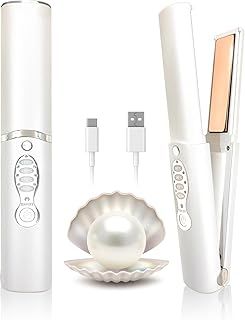 Cordless Hair Straighteners 5000 mAh Long Range Titanium Portable Flat Iron Wireless Mini Hair Straightener Curling Wand 2 in 1 Travel Straightener max. 210℃/410℉ Heats Up in Seconds