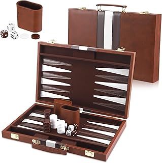 Backgammon Set 2 players, Classic Board Games with Leather Case, Portable Travel Backgammon Game Sets for Adults and Kids, Travel Board Games, Grey (15 inch, Brown)