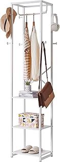 IBUYKE Coat Rack, Freestanding Coat Stand with 3 Shelves and 8 Hooks, Industrial Clothes Stand for Entryway, Hallway, Bedroom, 180 x 40 x 30 cm, White TMJ088W