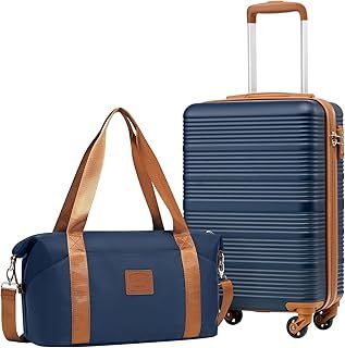 COOLIFE Cabin Suitcase 55×35×20cm and Cabin Bag 20L(40X25X20cm) Set for Ryanair Airlines Carry on Hand Cabin Luggage Hard Shell Suitcase Lightweight with TSA Lock (Blue/Brown, 55×35×20cm -Set 2pcs)