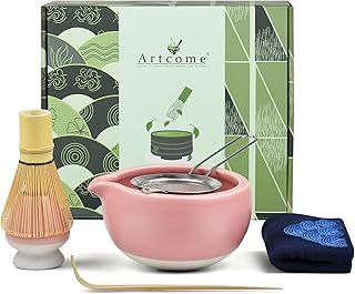 Artcome 7 Pcs Complete Matcha Tea Ceremony Kit - Bowl, Whisk, Scoop, Strainer, Powder, Set for Usucha, Koicha, Latte (Pink)