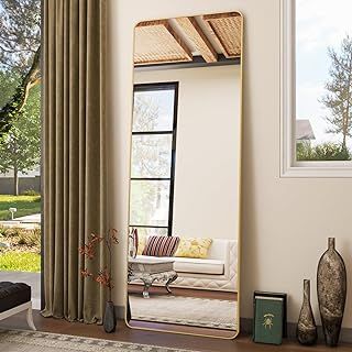 Koonmi Mirror Full Length with Rounded Corners, 52 x 161 cm Free Standing with Stand, Large Floor Full Body Mirror Hanging Wall Mounted for Bedroom, Living Room, Gold