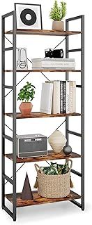 TREETALK 5 Tier Bookshelf, Standing Bookcase with 2 X-shape Frame,Adjustable Leg pads, Industrial Storage Rack for Office, Living Room (Rustic Brown)