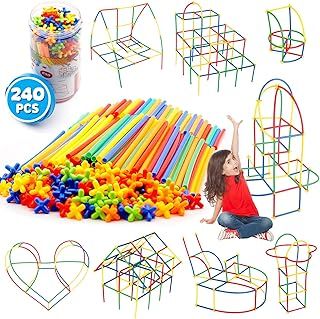 WYSWYG 240 Pieces Reusable Construction Tubes and Connectors Toys, Den Fort Building Kit for Kids, Building Straw Construction Toys for Children Boys Ages 4 5 6 7 8 Years Old