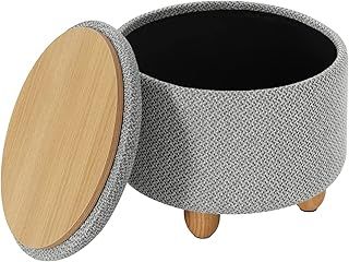 WOLTU Stool with Storage Space, Round Stool, Footstool with Lid, Padded Stool with Solid Wood Legs, Linen Cover, Diameter 39 x 33 cm, Light Grey