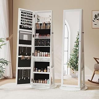 Dripex White Jewelry Organiser Mirror Wardrobe, 360° Swivel Jewelry Storage, Lockable, 3 in 1 Free Standing Mirror with Storage Shelves
