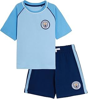 MANCHESTER CITY Kids FC Short Pyjamas Boys Premiership Football Club Kit Shortie PJs Shorts + T-Shirt Set