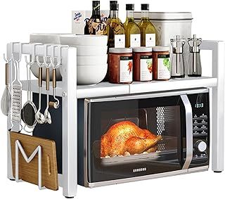 Expandable Microwave Oven Rack 2 Tier microwave shelf, Adjustable Carbon Steel Microwave Shelf,with 6 hooks Kitchen Counter Organizer Shelf Stand,Pot Pan Grill Storage Racks, Width 40-64cm white