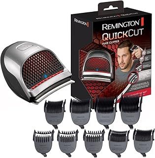 Remington Quick Cut Hair Clippers with 9 Comb Lengths Curved Blade for Rapid Hair Trimming Detailing with Storage Pouch - HC4250, Black/Red