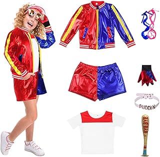 Quinn Costume for Kids, 7 Pcs Girls Fancy Dress Outfits set Include Jacket T-shirt, Shorts and Glove, Harley Villain Costume for Carnival Halloween Cosplay Fancy Dress