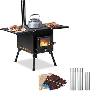 Outopee Camping Wood Stove, Outdoor Portable Tent Wood Burning with Stainless Chimney Pipes, Tent Stove Jack & Gloves for Outdoor Camping Cooking and Heating 1-2 People Use