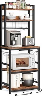 VASAGLE Kitchen Storage Rack with Power Outlet, Coffee Bar, Baker's Rack, with Metal Wire Panel, 14 Hooks, for Microwave, Steel Frame, 40 x 60 x 170 cm, Rustic Brown and Ink Black KKS037B21