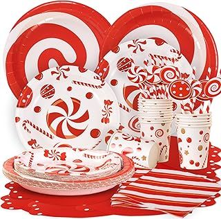 Easy Joy 96PCS Christmas Candy Cane Party Plates Supplies Peppermint Candy Tableware Set Red White Striped Paper Tableware for New Year Christmas Holiday Party