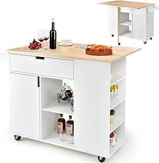 COSTWAY Drop-Leaf Kitchen Island on 5 Wheels, Rolling Serving Trolley Cart with Rubber Wood Top, 4 Side Cubbies, Drawer & Adjustable Shelf Cabinet, Dining Room Organiser Sideboard, 124x76x92cm (White)