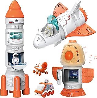 Kids Rocket Ship Toys with Astronaut Figures, Space Rover, Space Station, 5 in 1 Spaceship Toy for Children 3-8