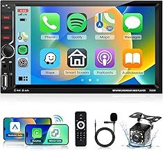 Double Din Car Stereo with Wireless Carplay Android Auto, Podofo 7 inch HD IPS Touch Screen Bluetooth Radio, Mirror Link, FM, EQ Audio, SWC, Backup Camera, External Mic, TF/Aux/USB+Type-C Ports