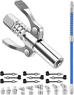 Grease Gun Coupler, 12000 PSI Dual Handle G Coupler for Grease Gun with 12" Flex Hose + 9 M6 M8 M10 Grease Nipples, Grease Coupler for Grease Gun 1/8" NPT Port All Cars, NO Leaks