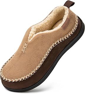 EverFoams Men's Micro Suede Memory Foam Moccasin Slippers with Fuzzy Sherpa Lining and Anti-skid Sole