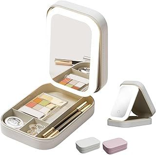 STORICANS Makeup Bag with Mirror, Travel Makeup Organiser Case with LED Mirror, Portable Cosmetics Bag with 3 Colors Brightness Adjustable Makeup Mirror with Lights Makeup Storage for Women (White)