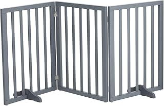 Wooden Dog Gate Indoor Barrier with 2 Support Feet, Foldable Freestanding Safety Pet Gate, Retractable 3 Panels Doorway(139 W x 60.5 H, Grey)