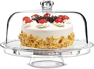 6 IN 1 Multifunctional Cake Stand, Acrylic Cake Plate with Dome Lid, Cake and Cupcake Holder, Serving Platter, Salad Bowl, 31.5 cm, with Stand, Clear