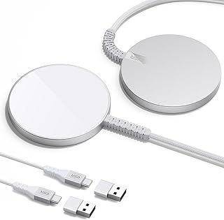 ESR 2 Pack HaloLock Mini Wireless Charger, MagSafe-Compatible Charger for iPhone 16/15/14/13/12 Series, AirPods 4/3/Pro/Pro 2, Strong Magnetic Lock, Reinforced Braided Nylon A/C Cable, Silver