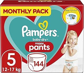 Pampers Baby Nappy Pants Size 5 (12-17 kg/26-38 Lb), Baby-Dry, 144 Nappies, MONTHLY SAVINGS PACK, With A Stop & Protect Pocket To Help Prevent Leaks At The Back