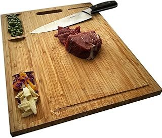 NIUXX Organic Bamboo Cutting Board for Kitchen, Reversible Chopping Board with 3 Built-in Compartments and Juice Grooves, Large Chopping Tray 43 x 32 x 2 cm, Meats Vegetable Bread Fruits Board