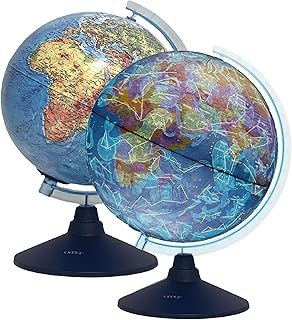 Exerz 21cm Illuminated Globe - Physical Map Daytime/Constellation Stars with lightup - Swivel Rotating World Globe (21cm New)
