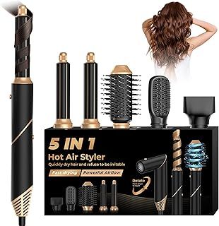 5 in 1 Hair Styler with Auto Curling Wands, Multi-use Ionic Hair Blow Dryer Brush Set - Styling Tools, Hot Brushes for Curling & Straightening - Women's Gifts, Black/Gold